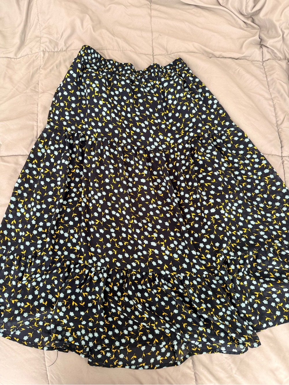 Black Floral Tiered Midi Skirt with Blue & Yellow Blossoms